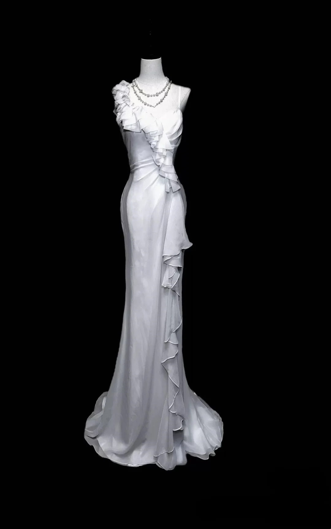 Weißes Meerjungfrau-Kleid mit Rüschen, schmal, elegant, lang, Tüll, Geburtstagskleid, Ballkleid, Abendkleid, nv4544