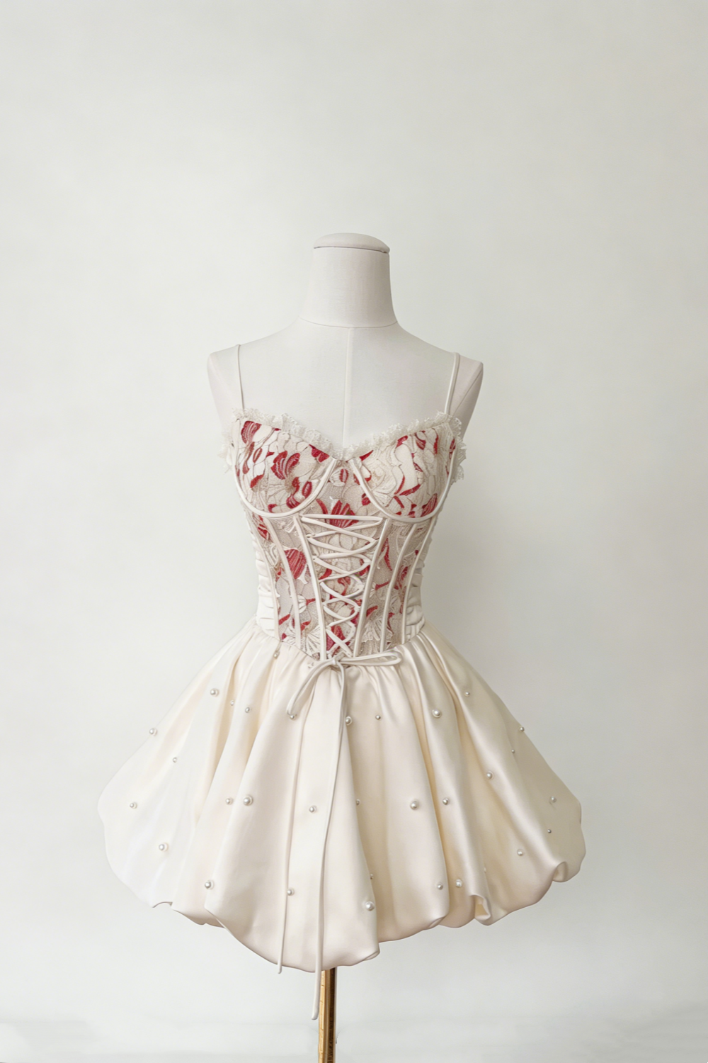 Red & White Contrast Lace Lace-Up Puff Dress - Gentle Style Birthday Party Gown NV6788