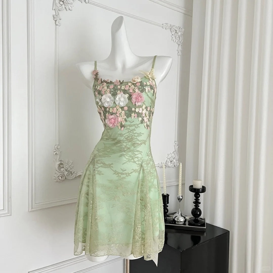Robe de soirée courte verte Mint Mambo, robe de soirée d'anniversaire, robe à bretelles en dentelle florale, nv4634