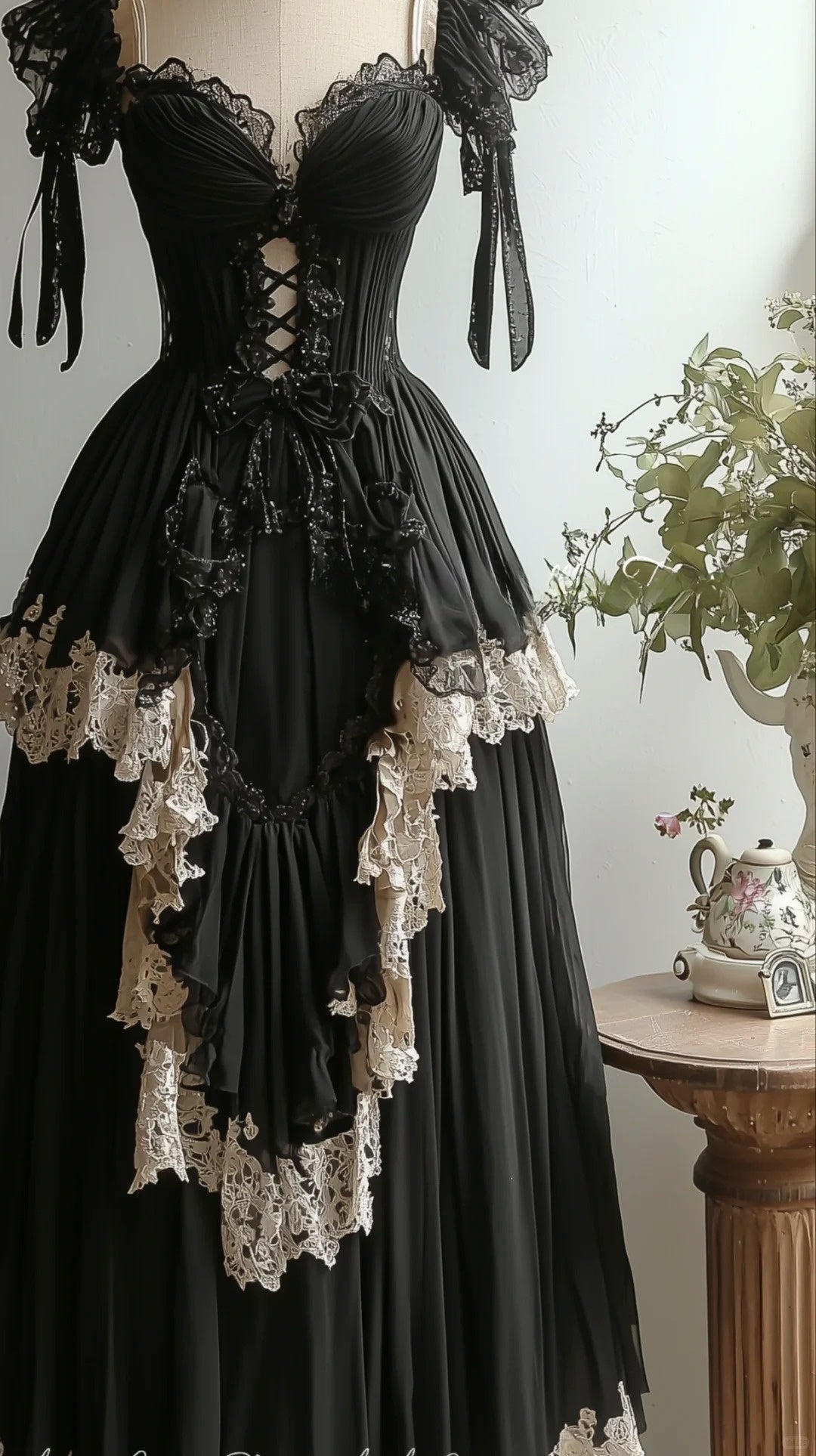 Schwarzes Vintage-Spitzen-Tüll-langes Homecoming-Kleid, Ballkleid, Abendkleid, Geburtstagsparty-Kleid, nv4718