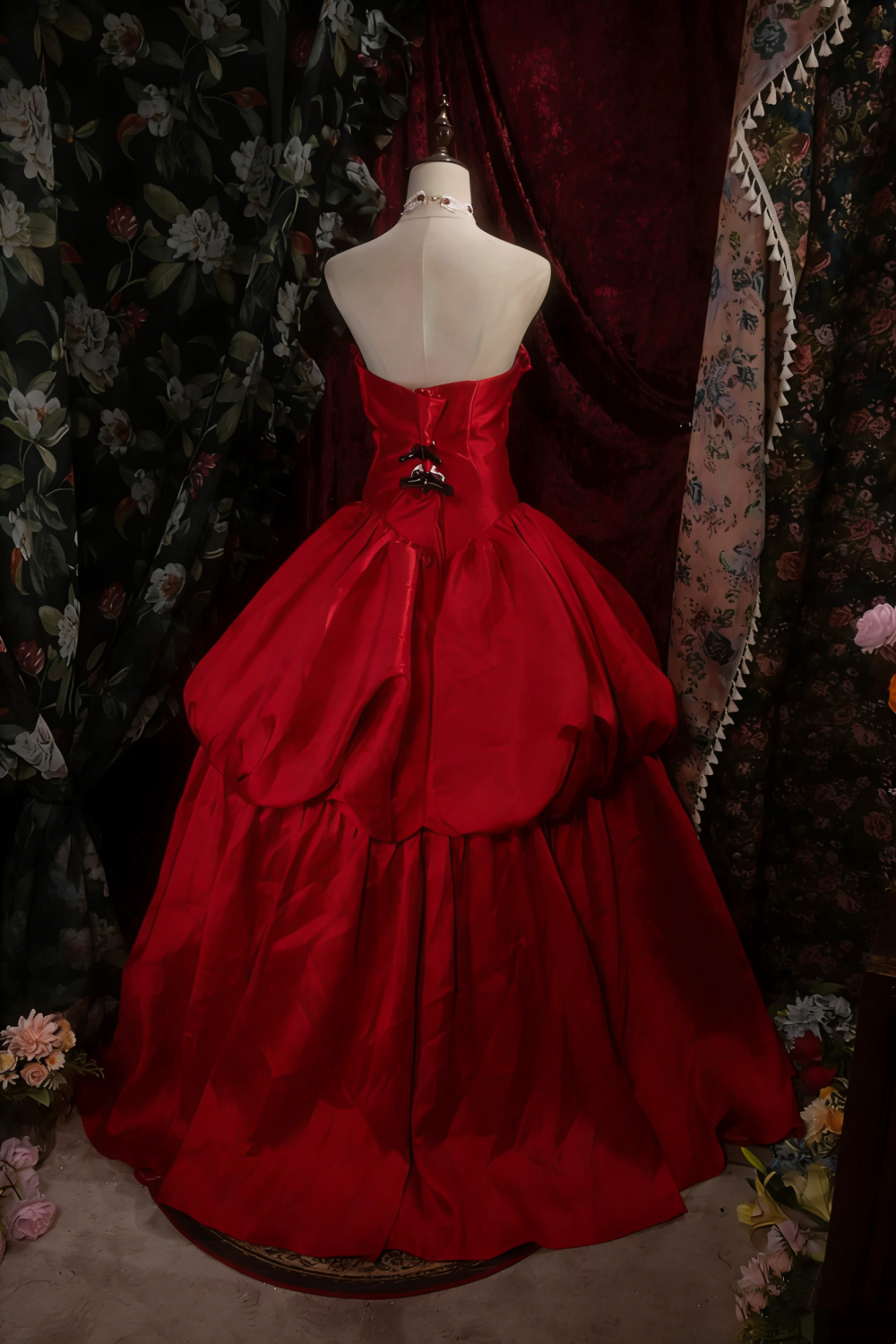 Vintage Scarlet Strapless Ball Gown with Rose Appliques, Satin Wedding Reception Dress NV6882