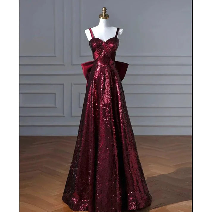 Burgund glänzend schöne Mode A-Linie Spaghettiträger lange elegante Pailletten edel formales Ballkleid Abendkleid Partykleid nv3684
