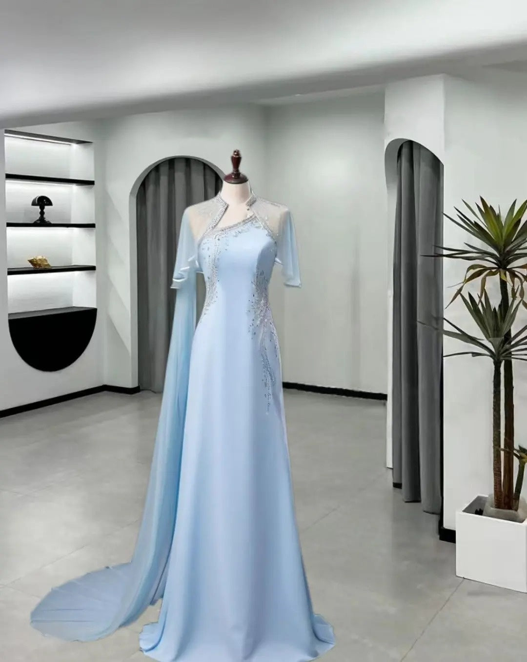 Blaues elegantes, exquisites, perlenbesetztes, langes Satin-Ballkleid mit bodenlanger Abendkleid-Partykleid nv4141