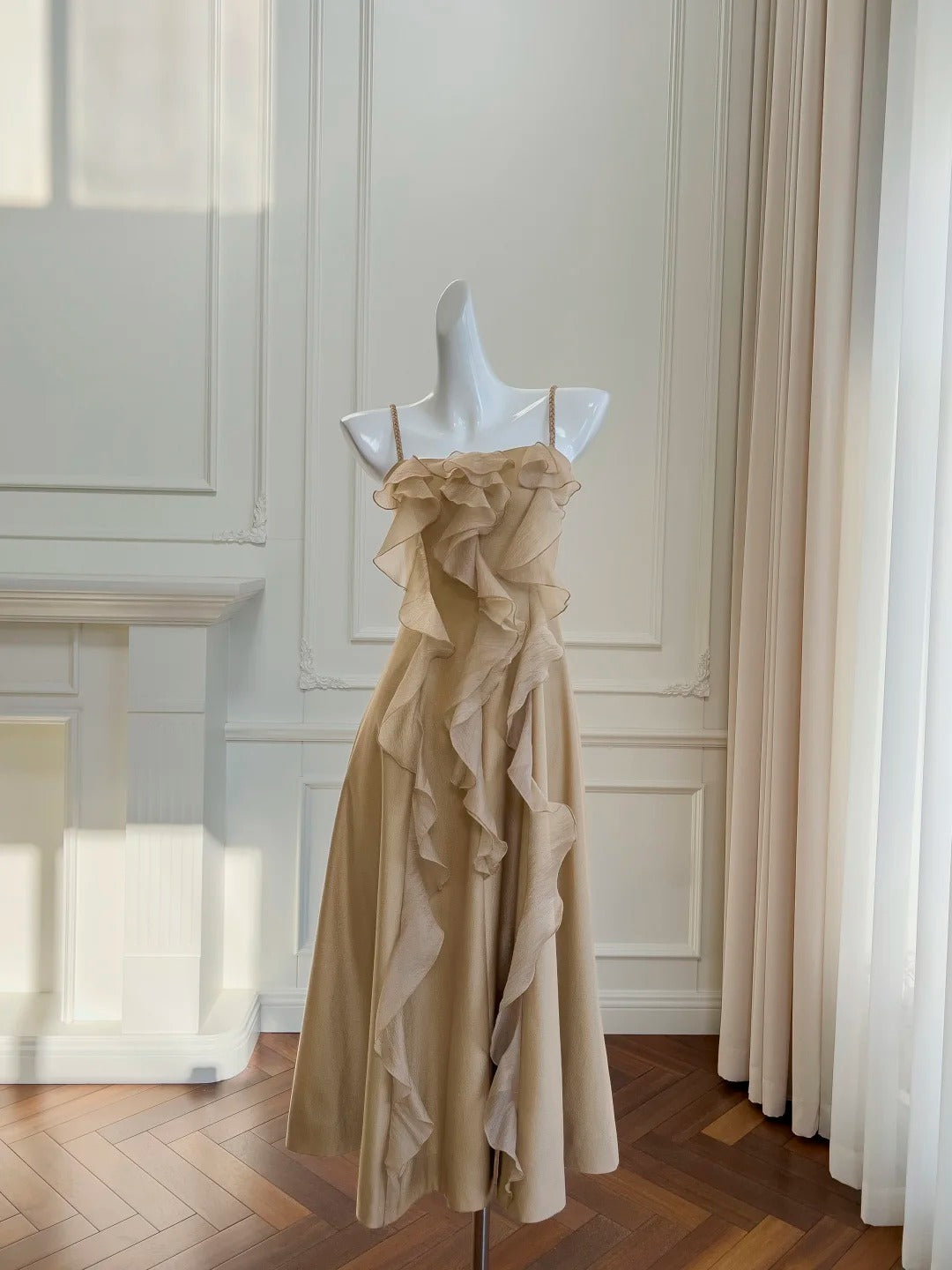 Hellbraunes elegantes langes Chiffon-Heimkehrkleid mit Spaghettiträgern, Ballkleid, Abendkleid, Partykleid, nv4142