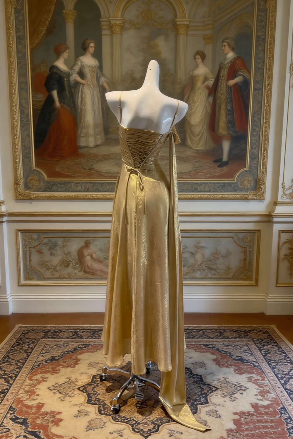 Gold Shimmer Stretch Fabric Thin Spaghetti Strap Gown - Luxury Lace-Up Sash Asymmetric Maxi Dress NV6786