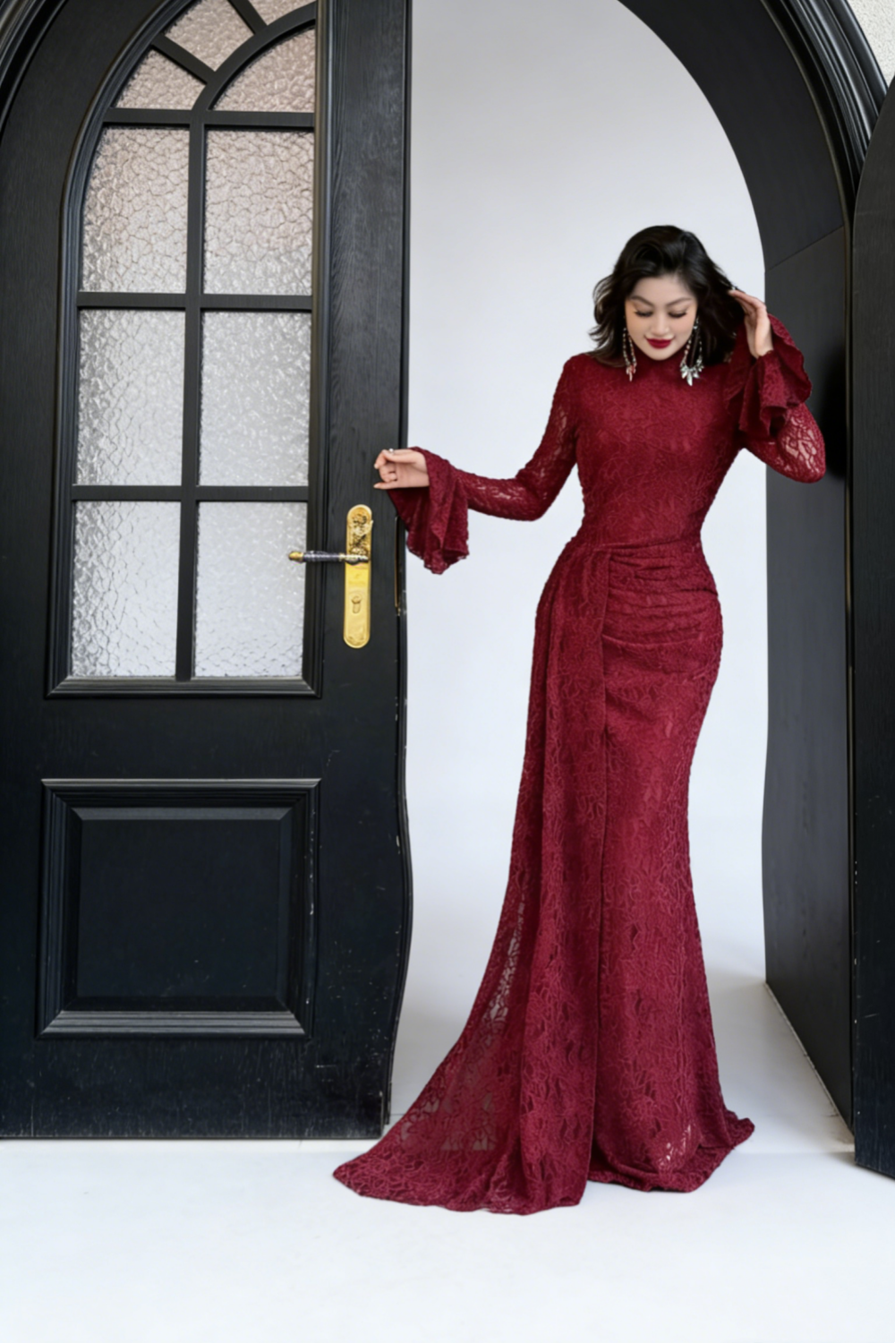 Burgundy Lace Slim Train Dress - High Neck Flared Sleeve Vintage Party Gown NV6794