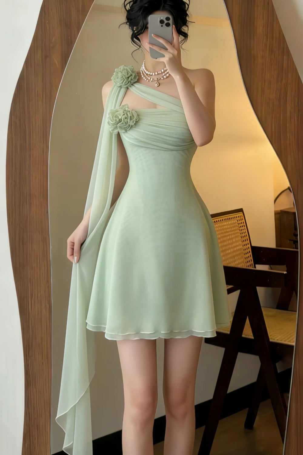 Mint Green Chiffon One-Shoulder 3D Floral Mini Evening Dress NV6560