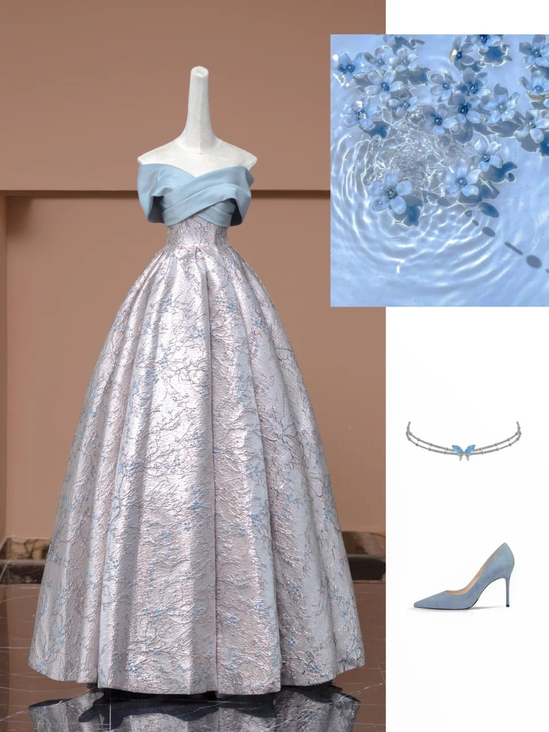 Blaues Blumenmuster, elegantes, langes Satin-Ballkleid, Abendkleid, Partykleid, NV4743