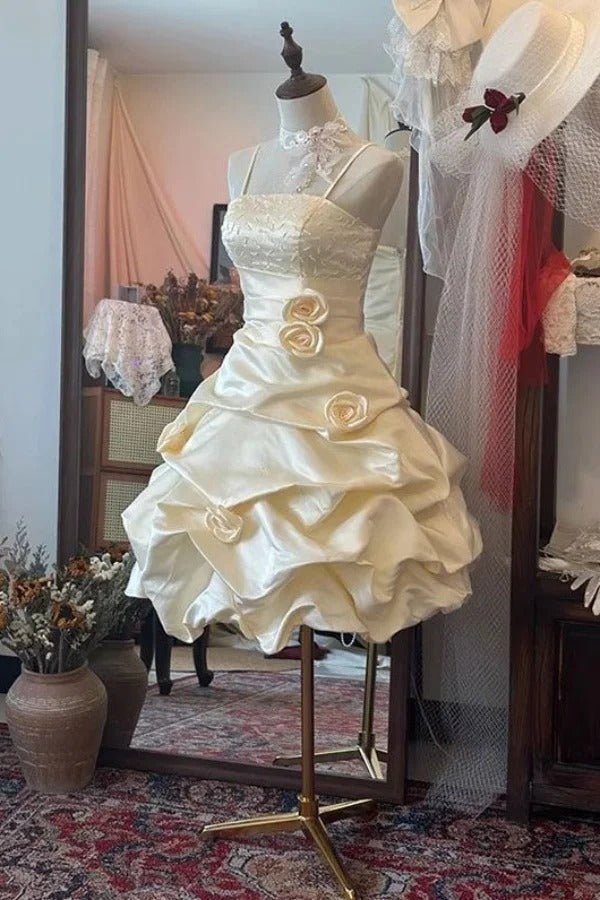 Gelbes geblümtes Homecoming-Kleid, kurzes Satin-Ballkleid, Abendkleid, Kleid für Erwachsene, NV4426