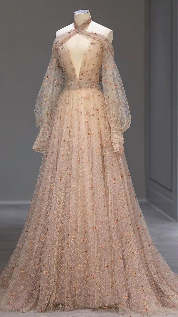 Nude Pink Wunderschönes glänzendes modisches V-Ausschnitt-Kleid mit exquisiten Blumenmustern und langen Ärmeln, elegantes Tüll-Abendkleid, Ballkleid, Partykleid, Abschlussballkleid, nv3812