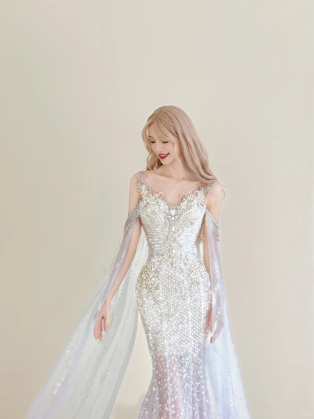 Ombre Pink Blue Sparkle Mermaid Prom Gown Off Shoulder Beaded Tulle Cape NV7175