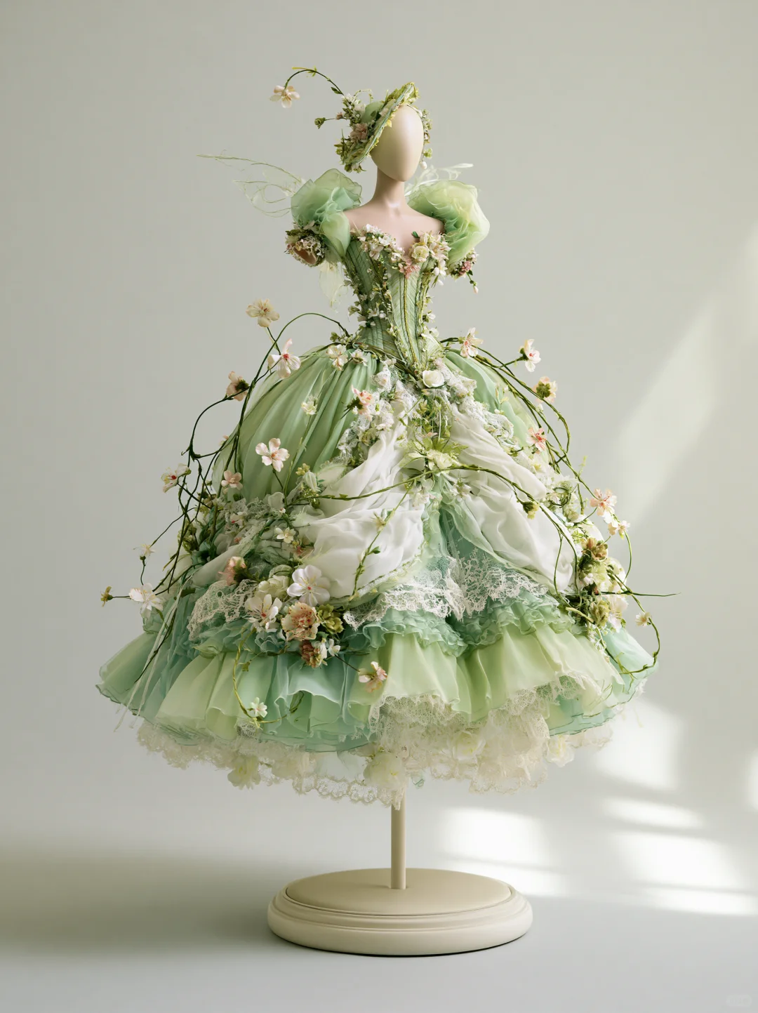 Mint Green Puff Sleeve 3D Floral Vine Fairy Ball Gown with Wings NV7469
