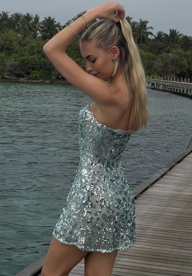 Robe de cocktail courte verte à paillettes scintillantes nv4758
