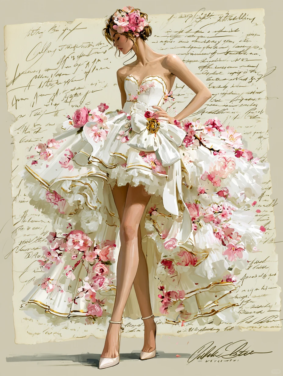 Sweetheart 3D Pink Floral Strapless High Low Ruffle Prom Dress with Gold Trim NV7398