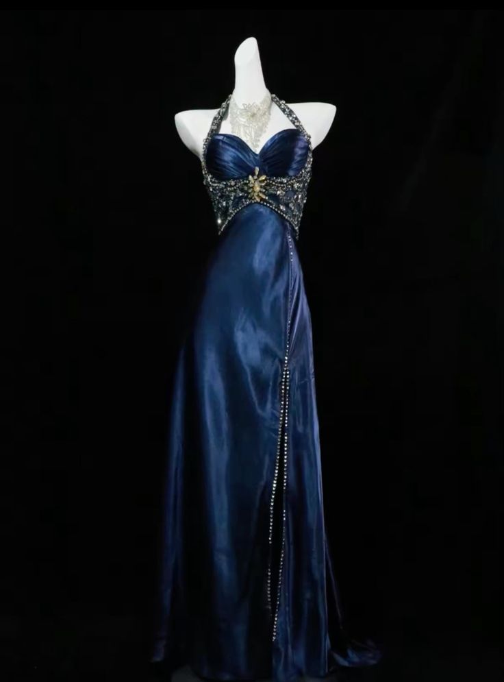 Dunkelblaues Vintage-Abendkleid mit eleganter Kette und langem Ballkleid, Partykleid, NV2602