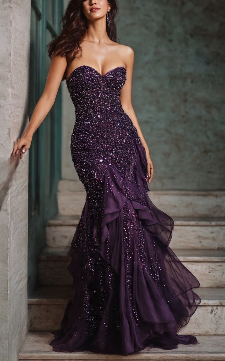 NiceVestidos-Lila Pailletten- und Perlenbesetztes langes Tüll-Ballkleid NV6123