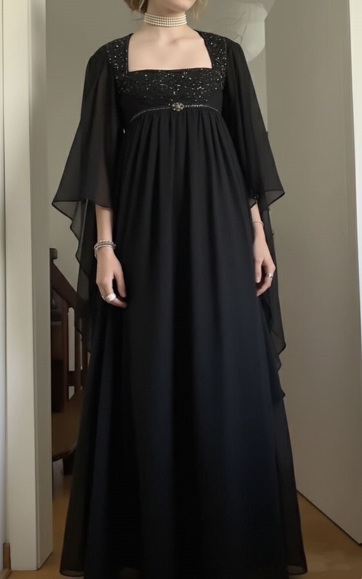 NiceVestidos - Robe empire noire rétro à manches longues, taille haute, longue en mousseline, col carré, robe de bal NV5879
