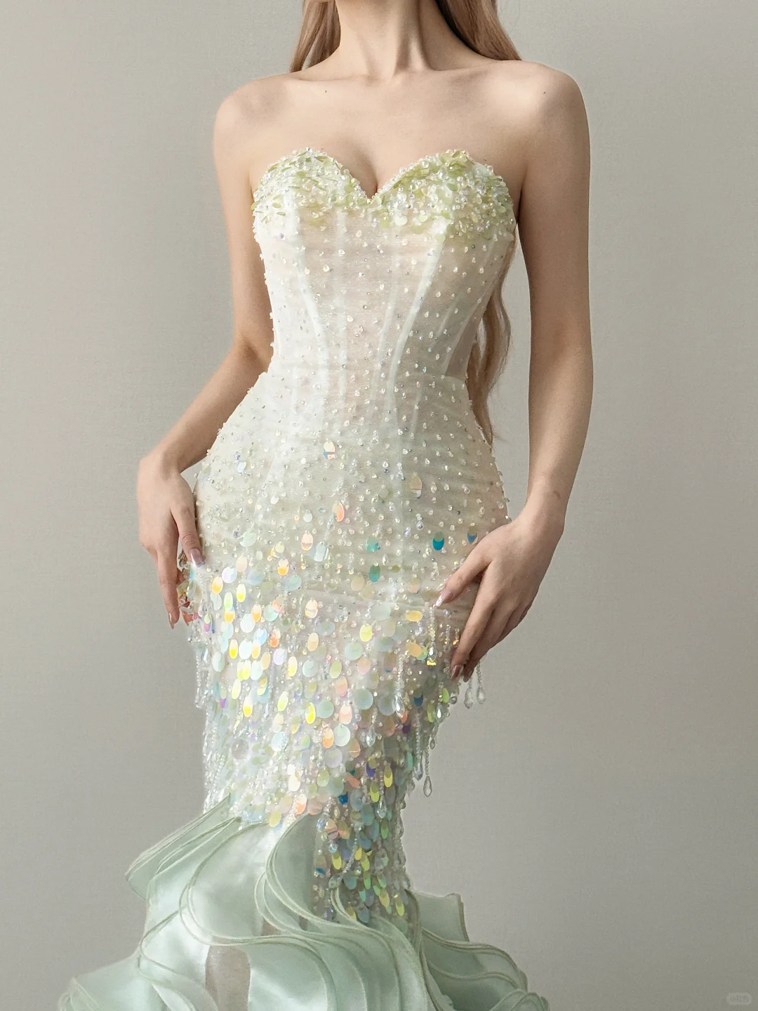 Mint Green Strapless Mermaid Prom Dress Iridescent Sequin Layered Ruffle Train NV7135