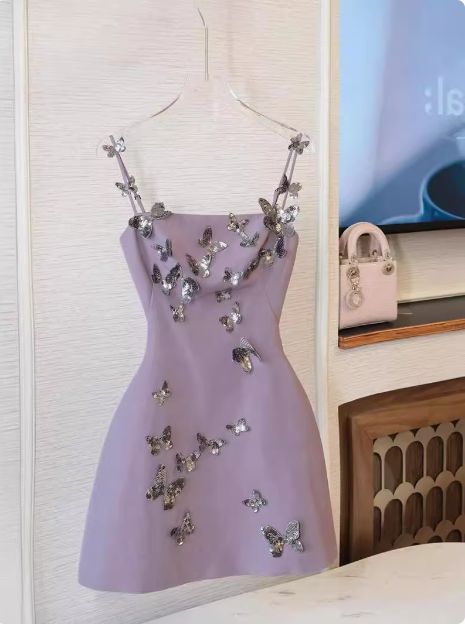 Robe courte de soirée papillon violette, robe de fête d'anniversaire nv5061