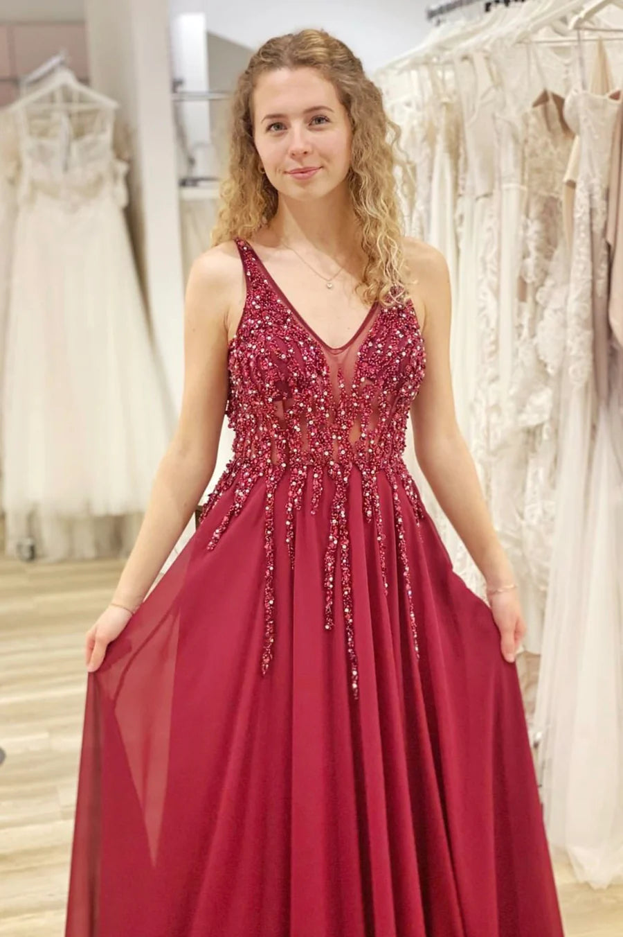 Burgunderrotes Chiffon-Ballkleid mit Perlenbesatz, langes A-Linien-Abendkleid nv1452