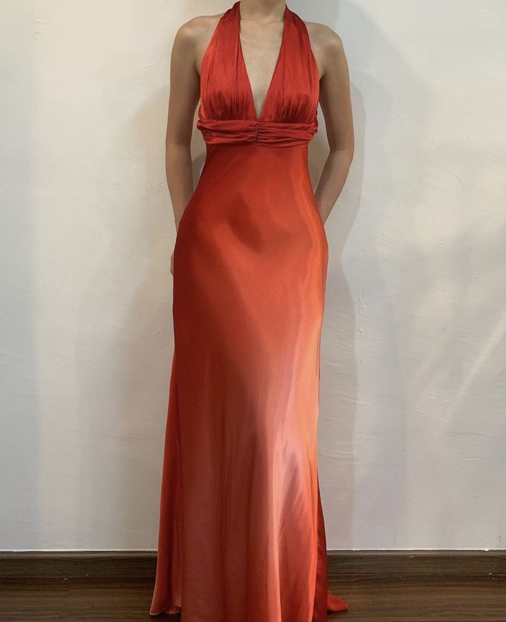 Robe de soirée longue en satin à col en V, élégante et élégante, orange, nv4166