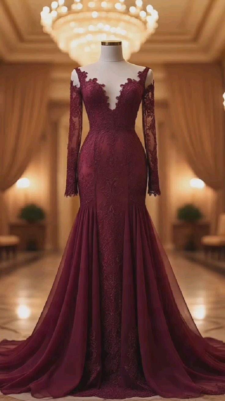 NiceVestidos-Burgunderfarbenes, zartes Spitzen-Abendkleid mit langen Ärmeln NV6130