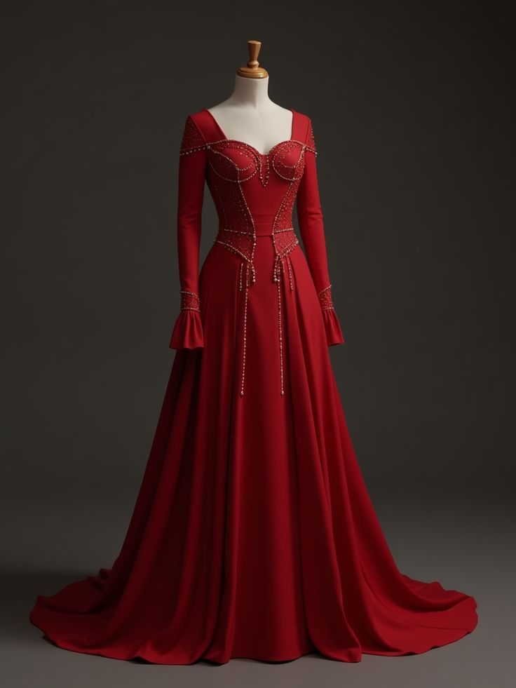 Burgunderfarbenes, seidenmattes, leicht ausgestelltes, langärmeliges Vintage-Abendkleid mit Strassverzierungen und Schleppe NV6254