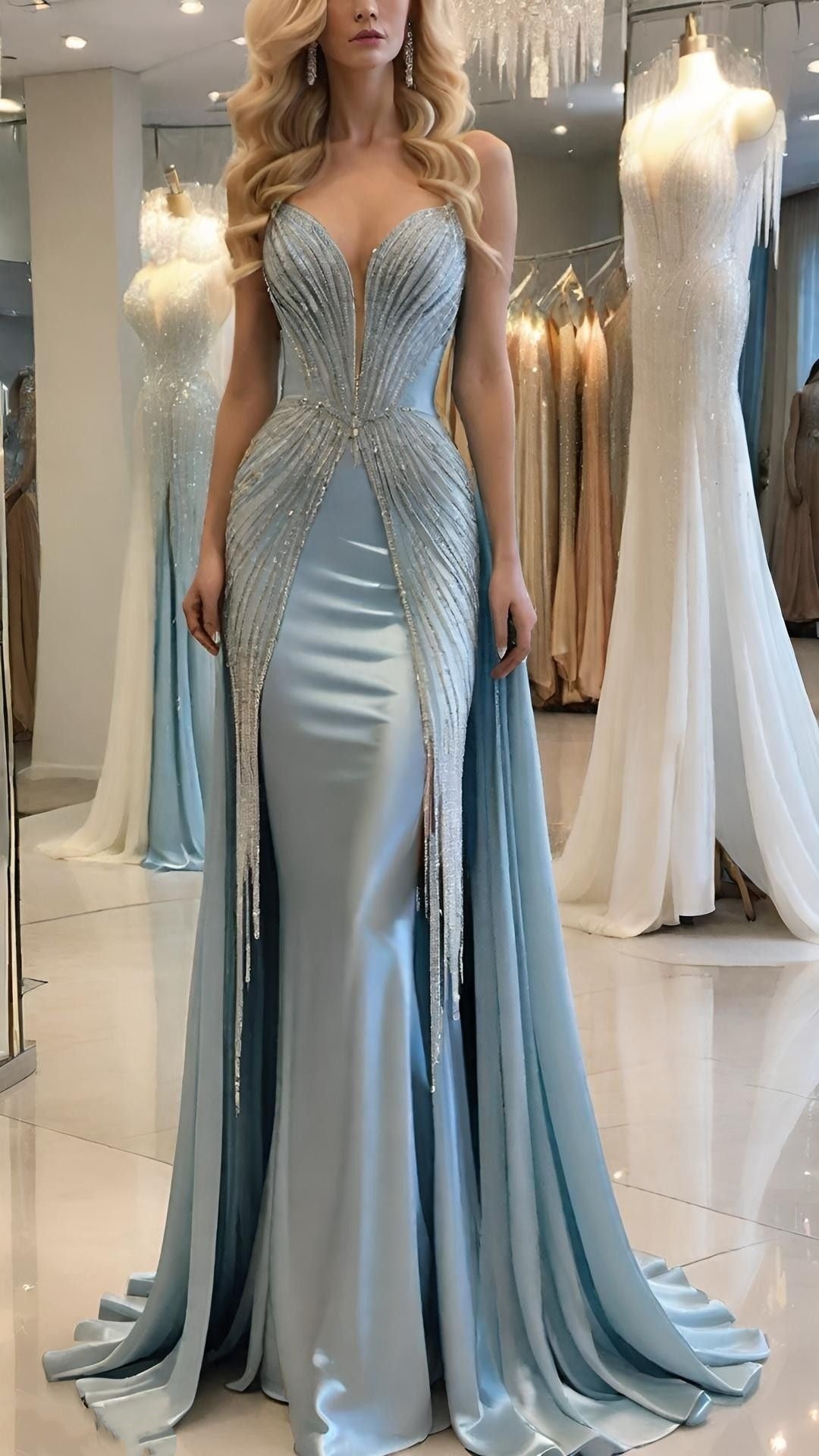 Robe de soirée longue bleu clair, magnifique, perlée, brillante, sexy, élégante, sirène, moulante, robe de bal, robe de soirée, robe de mariée, nv5117