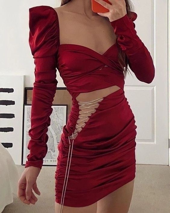 Rotes, modisches, schmales, kurzes Mini-Partykleid mit Kette und Homecoming-Kleid nv2442