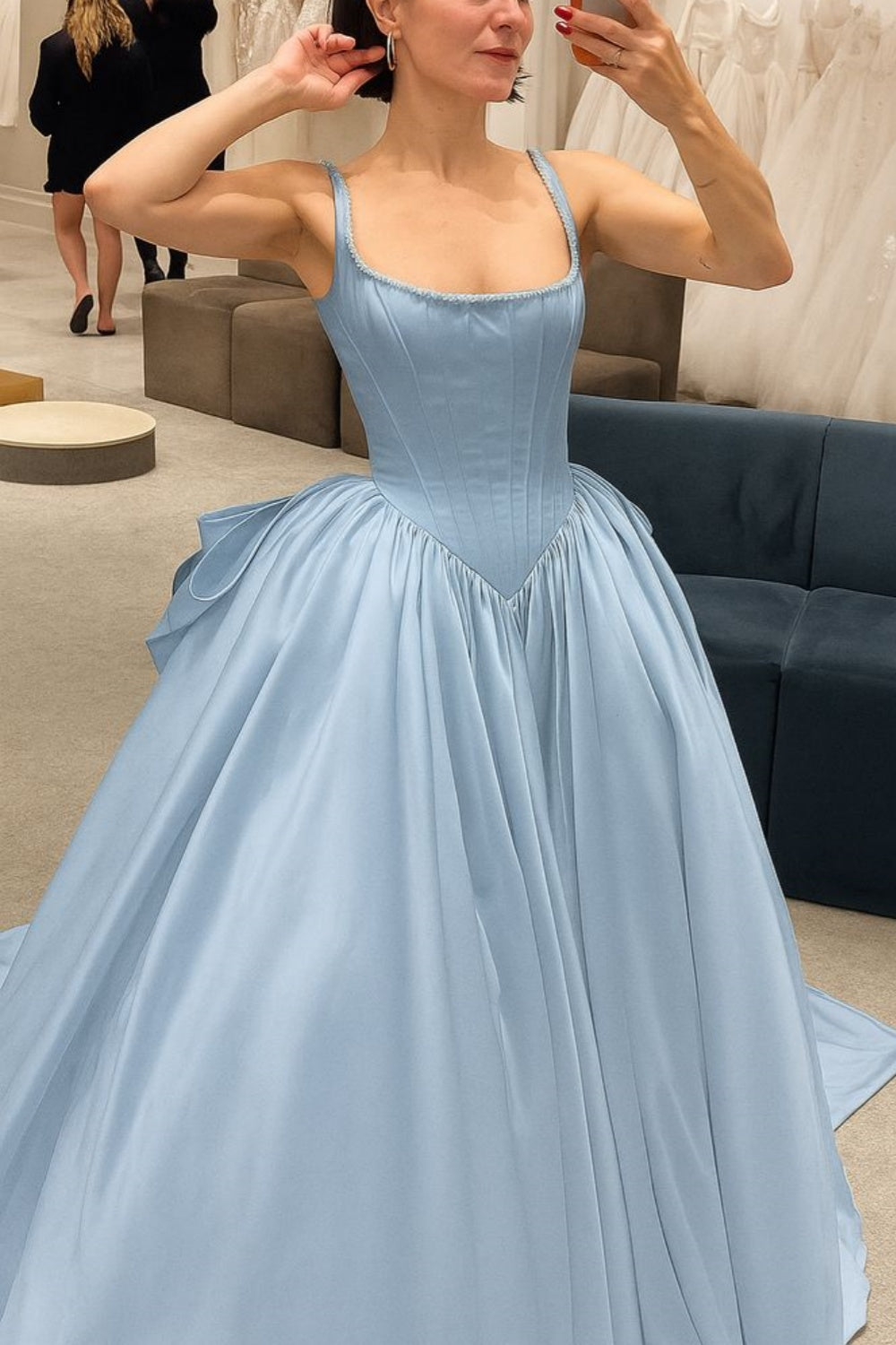 NiceVestidos – Blaues, schlichtes, modisches Korsett, langes Satin-Abendkleid mit quadratischem Ausschnitt, Ballkleid, Brautkleid NV5839
