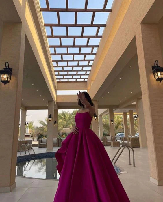 Fuchsia ärmelloses schlichtes elegantes A-Linien-Satin-Langballkleid Abendkleid Partykleid nv2341