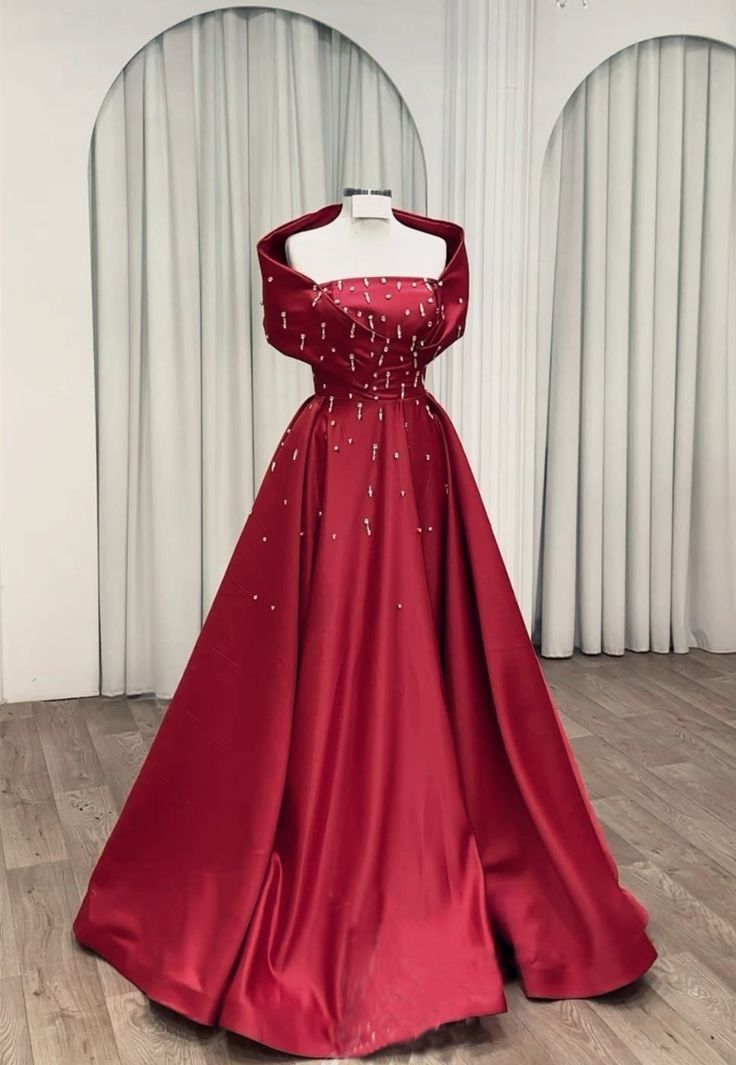 NiceVestidos - Robe de soirée élégante et majestueuse en satin bordeaux à épaules dénudées et strass, longueur au sol, NV5756