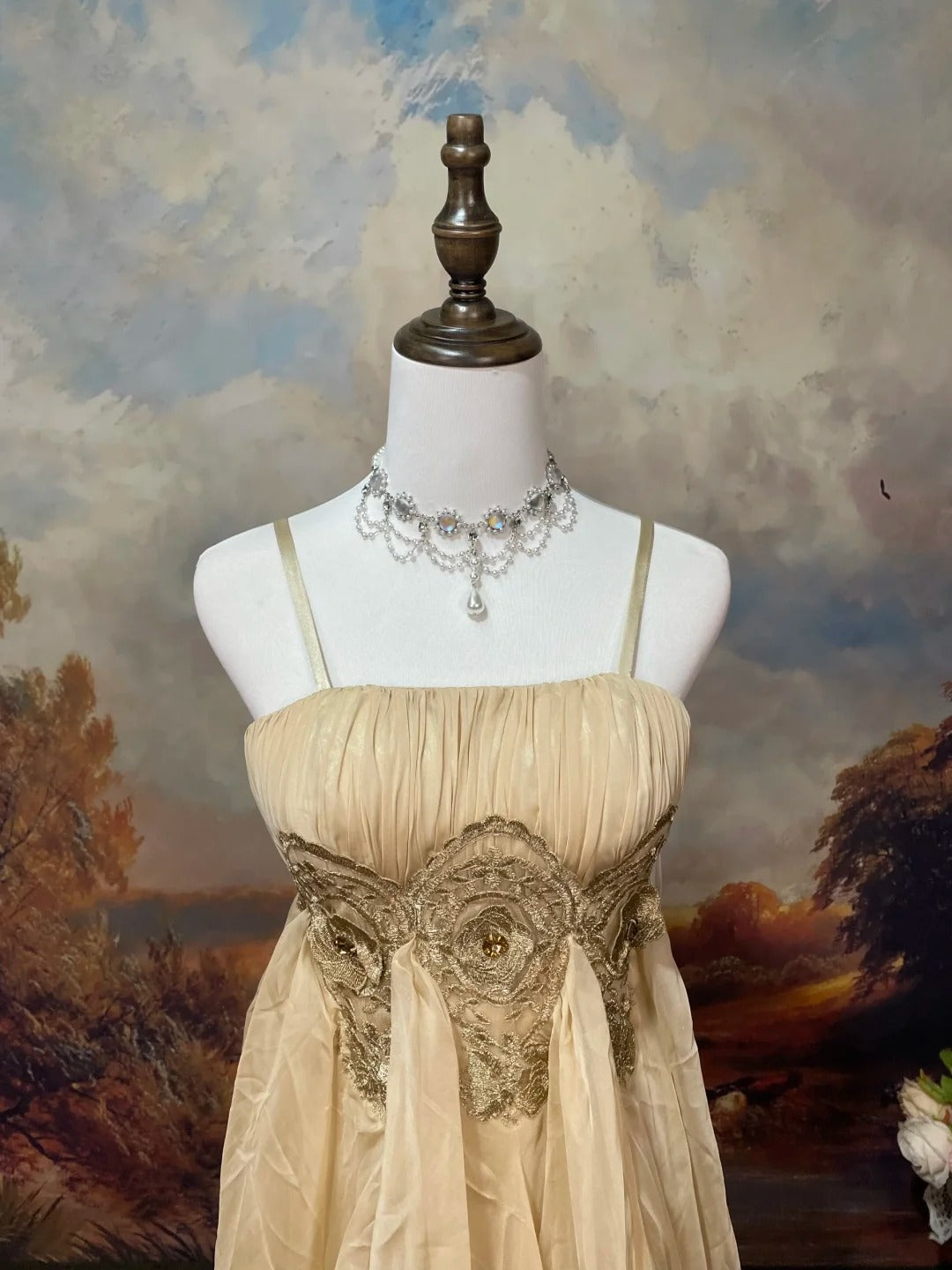 Robe de soirée en tulle, style vintage, élégante, rétro, romantique, exquise, en dentelle, longueur au sol, couleur champagne, nv4078