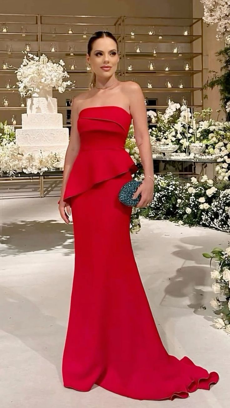 Rotes stilvolles, elegantes, langes, bodenlanges Ballkleid-Abendkleid mit Tube-Top und Rüschen, NV2958
