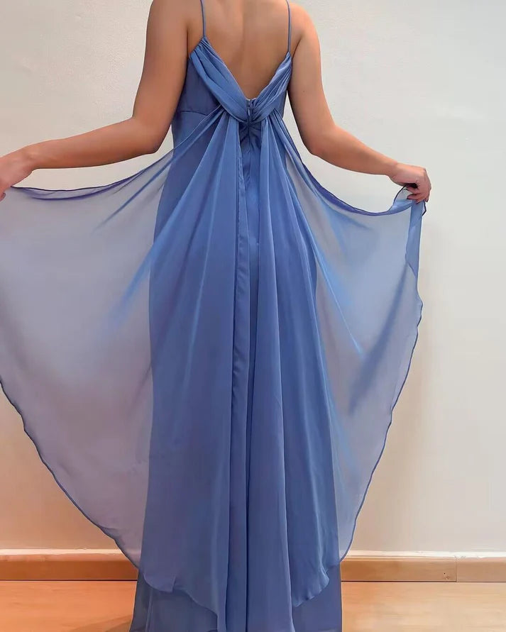 Robe de soirée longue en mousseline de soie, élégante et bleue, à bretelles spaghetti, avec ruban de même style, nv3713