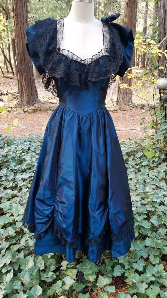 Blaues Vintage-Abendkleid mit schwarzem Spitzenkragen und langem Ausschnitt, Ballkleid, NV2832