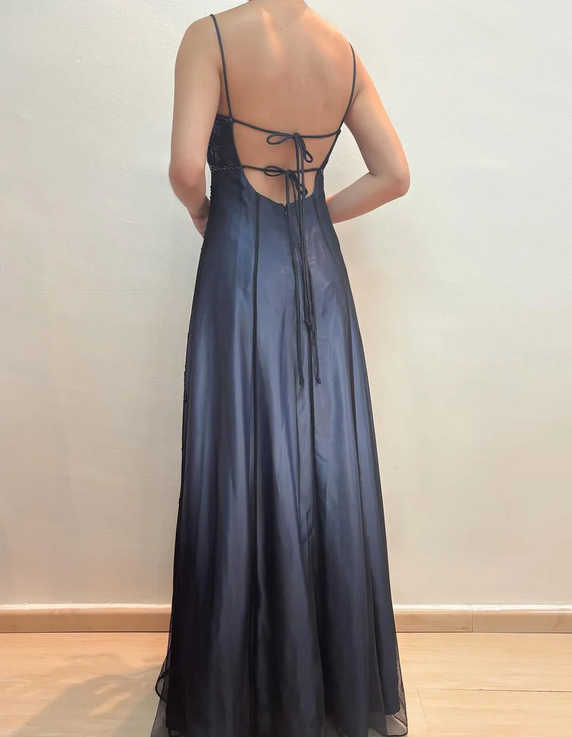 NiceVestidos – Dunkelblau/Dunkelgrau, florales, exquisites, perlenbesetztes, langes Tüll-Ballkleid, Feenkleid NV5777