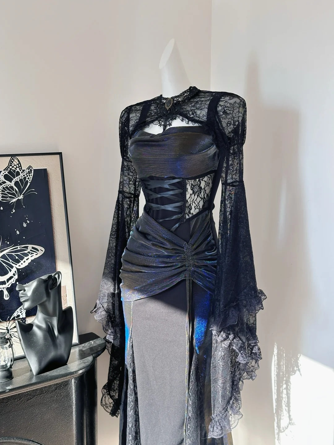Schwarzes Vintage Elegante Zarte Spitze Langes Satin Ballkleid Abendkleid Geburtstagsparty Kleid Ballkleid nv4047