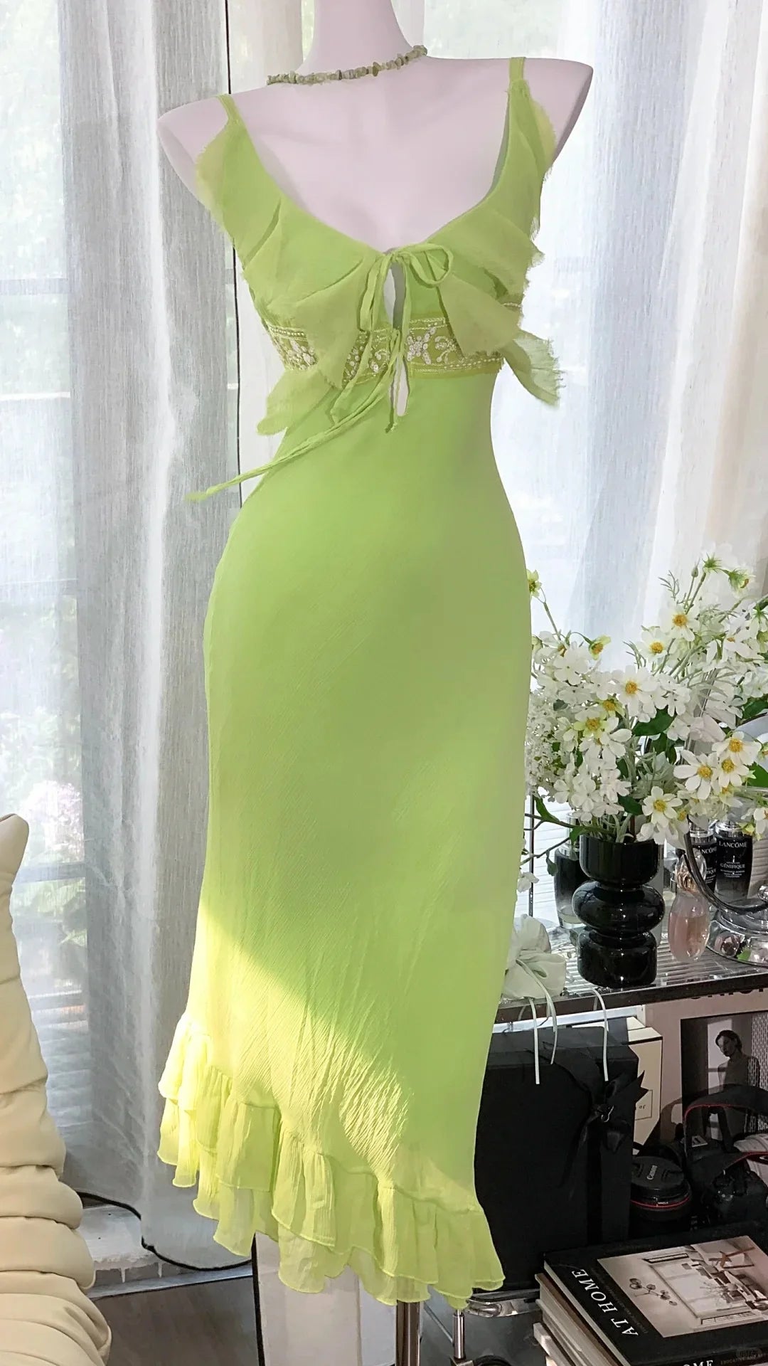 Green Beaded Long Chiffon Mermaid Dress Vintage Party Dress Evening Gown Prom Dress nv4325