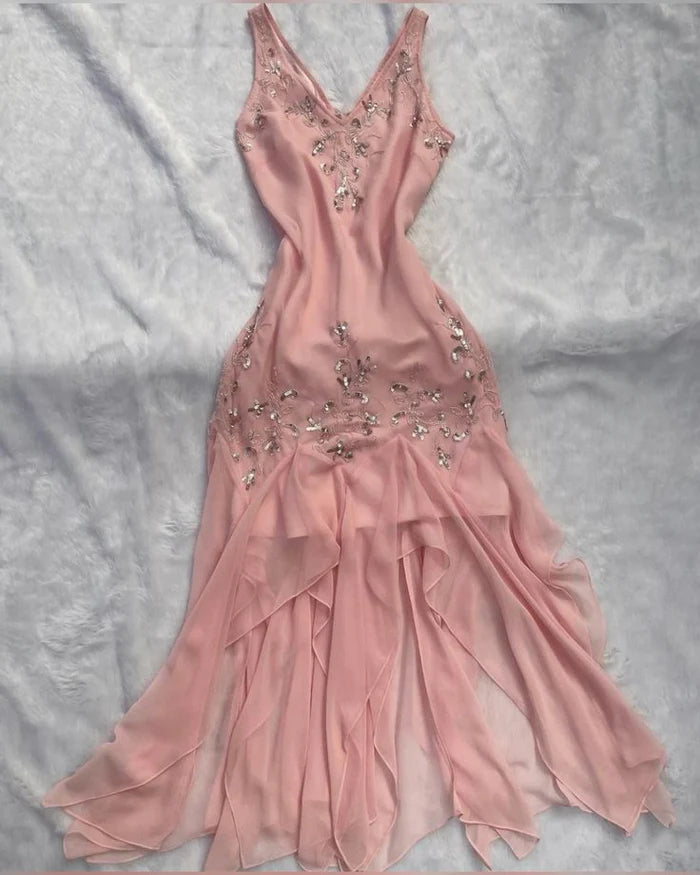 Rosa V-Ausschnitt Chiffon Langes Partykleid Abendkleid nv5375