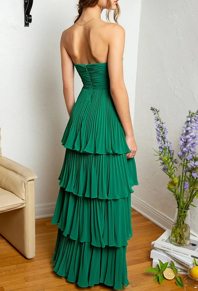 Smaragdgrünes trägerloses, langes, mehrlagiges Abendkleid, nv1651