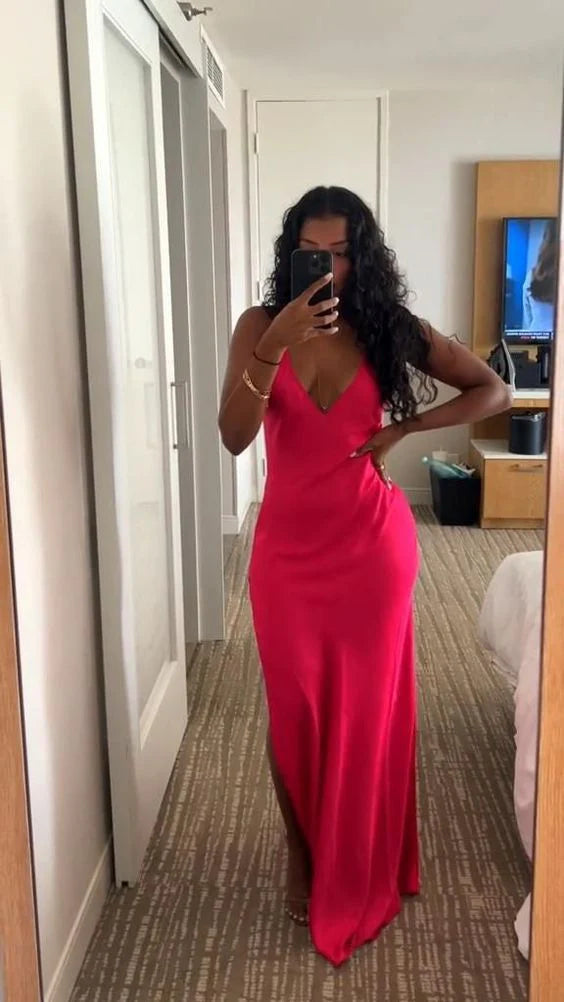 Rosa Sexy V-Ausschnitt Ärmelloses Langes Satin Ballkleid Abendkleid nv2913