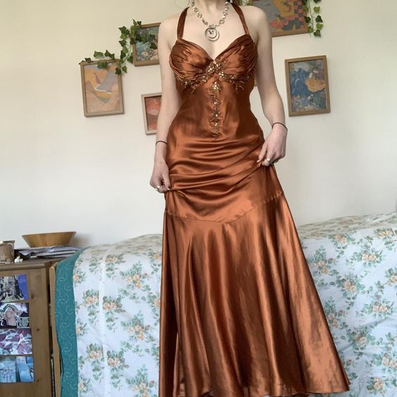 Braunes rückenfreies A-Linien-Satin-Ballkleid, langes Vintage-Partykleid, Abendkleid, nv1899
