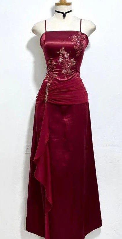 Burgunderrotes Ballkleid, lang, Satin, formelles Abendkleid, Abendkleid, Partykleid, nv4162