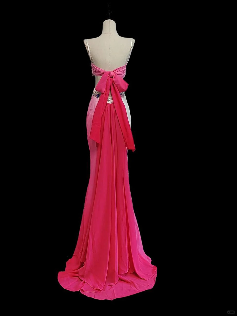 Pink Luxury Gorgeous Vintage Elegant Exquisite Gem Beaded Backless Long Mermaid Floor Length Train Chiffon Ball Gown Evening Gown Party Dress Prom Dress nv3965
