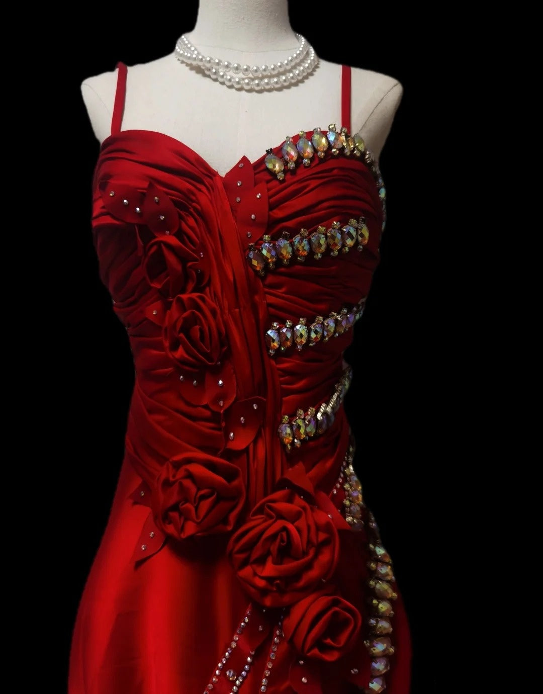 Red Gorgeous Retro Fashion Elegant Exquisite Gemstone Beads Long satin Mermaid Slim Fit Floor-Length Trailing Prom Dress Evening Dress Prom Dress nv3944