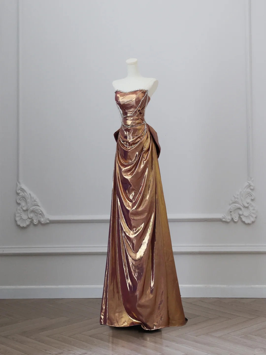 Gold Beaded Gorgeous Mermaid Elegant Long Satin Ball Gown Evening Dress Graduation Dress nv4338