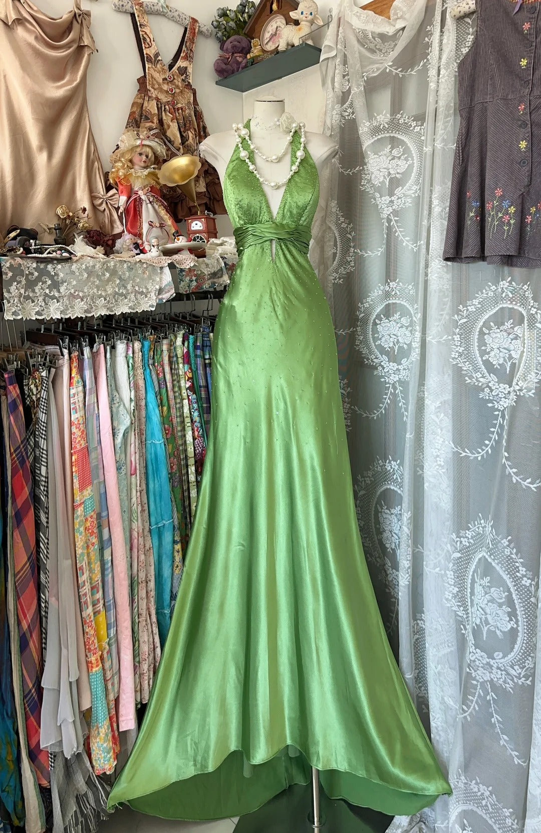Grünes Vintage Elegantes Langes Meerjungfrau Satin Ballkleid Abendkleid Partykleid Ballkleid nv4206
