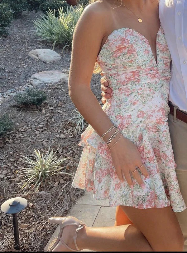 Rosa Blumen Off-die-Schulter Mode Kurze Rüschen Chiffon Homecoming Kleid Geburtstag Party Kleid nv5281