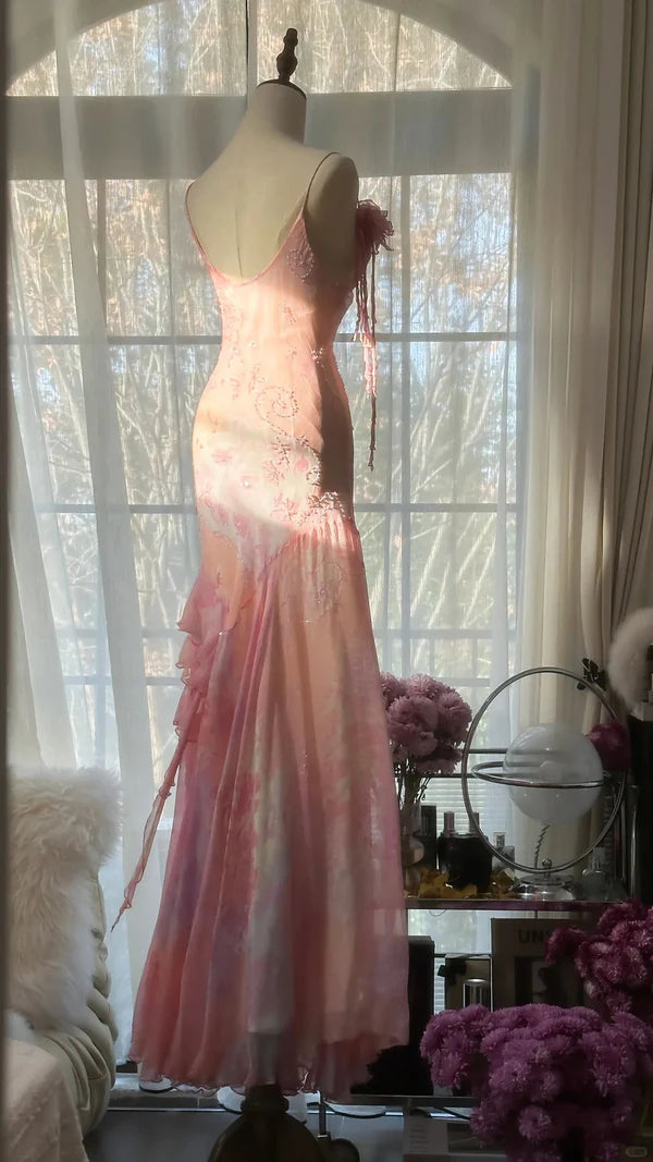 Elegant and romantic ruffled chiffon pink long prom dress nv5321